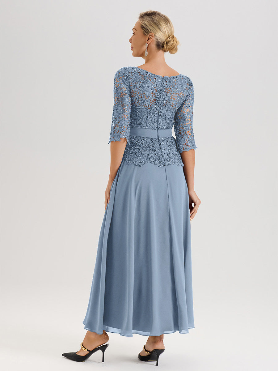 Cicinia Robe Mère De La Mariée Bleu De Schiste Longueur À La Cheville Col Rond Demi Manche En Mousseline Dentelle Trapèze