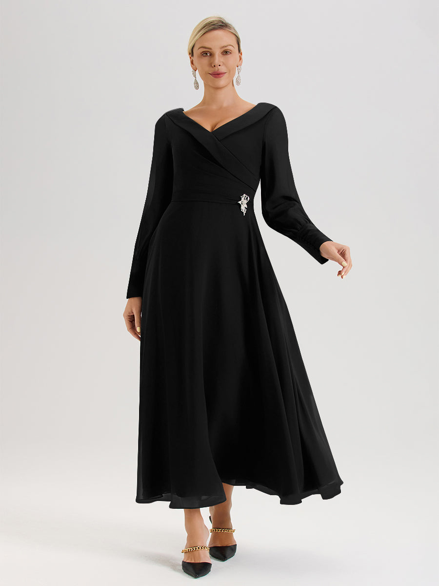 Cicinia Robe Longue Mère De La Mariée Noir Décolleté En V Manches Longues Trapèze En Mousseline