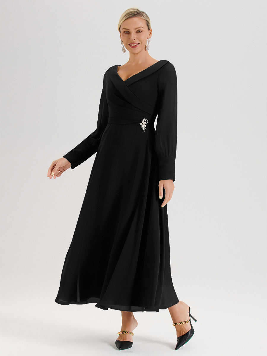 Cicinia Robe Longue Mère De La Mariée Noir Décolleté En V Manches Longues Trapèze En Mousseline