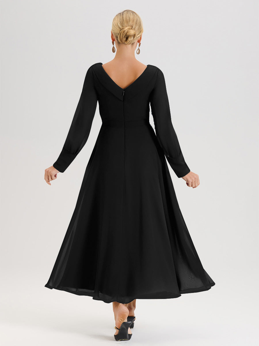 Cicinia Robe Longue Mère De La Mariée Noir Décolleté En V Manches Longues Trapèze En Mousseline