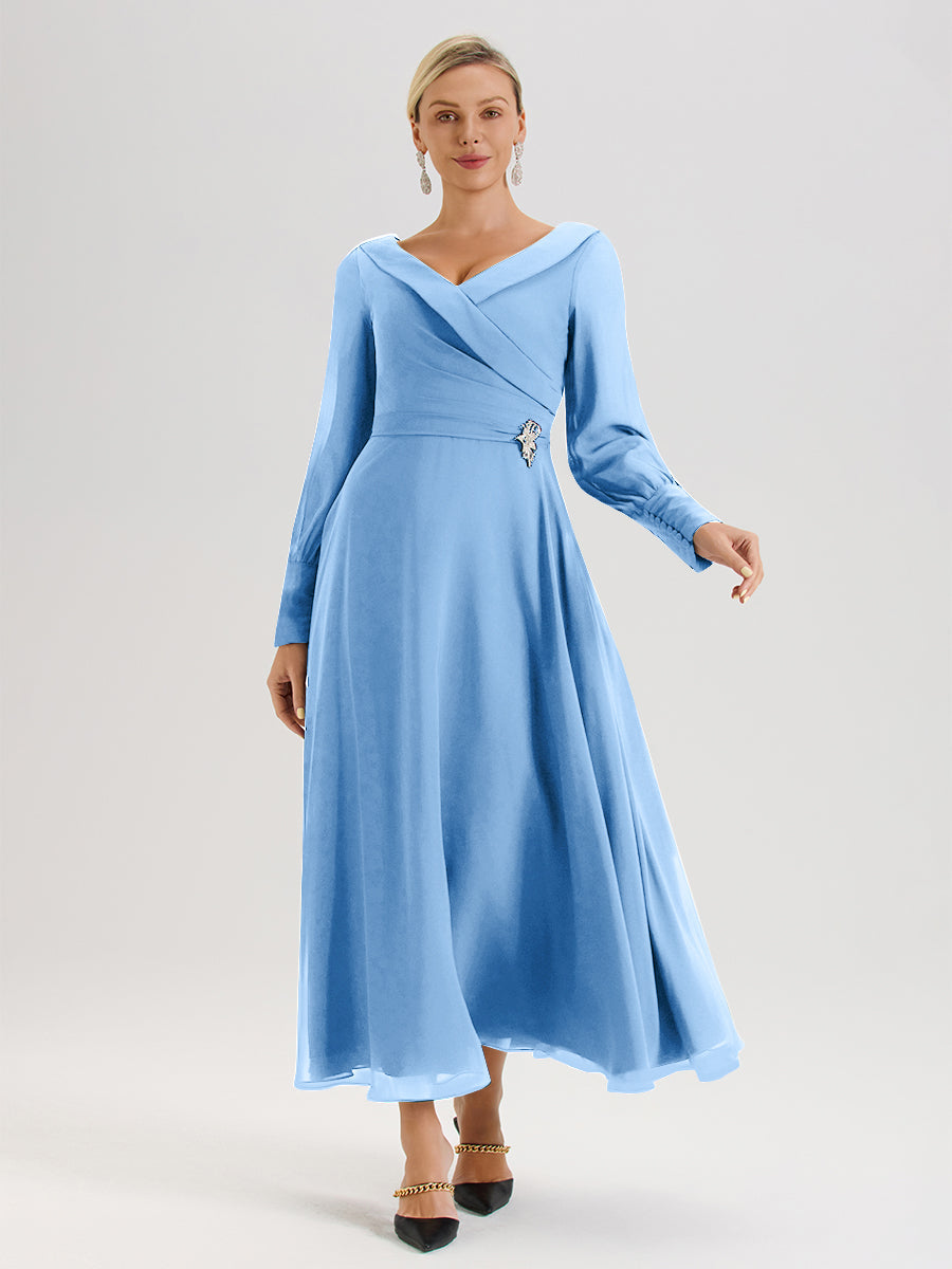 Cicinia Robe Longue Mère De La Mariée Bleu Décolleté En V Manches Longues Trapèze En Mousseline