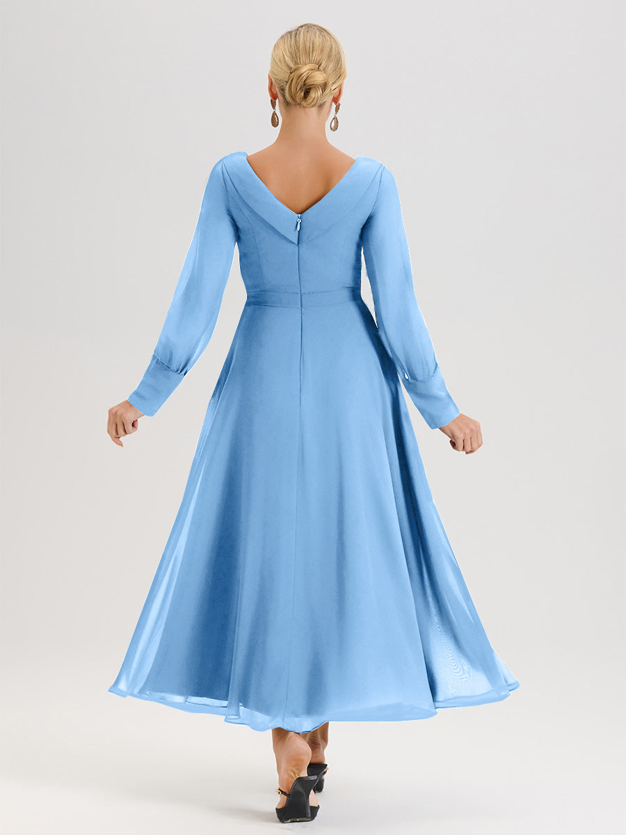 Cicinia Robe Longue Mère De La Mariée Bleu Décolleté En V Manches Longues Trapèze En Mousseline
