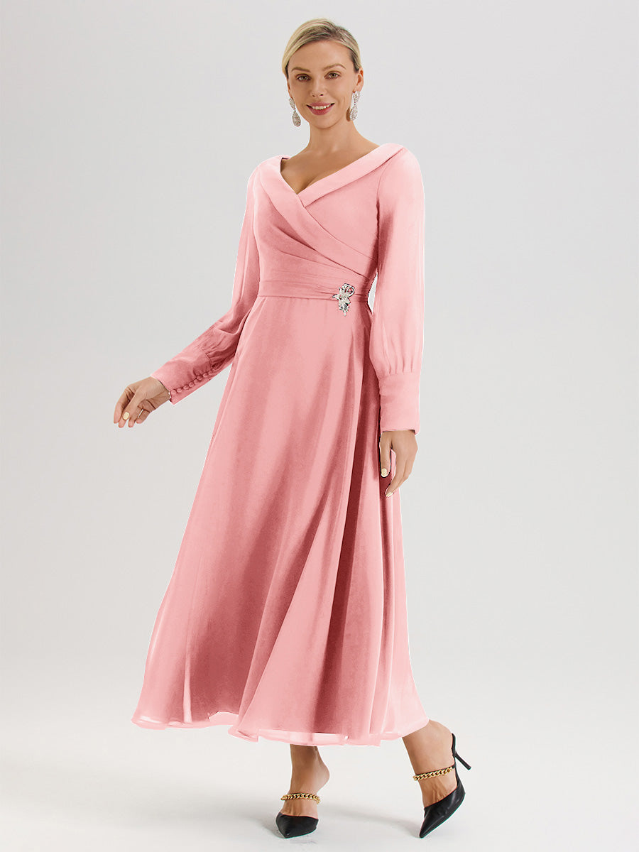Cicinia Robe Longue Mère De La Mariée Rose Décolleté En V Manches Longues Trapèze En Mousseline