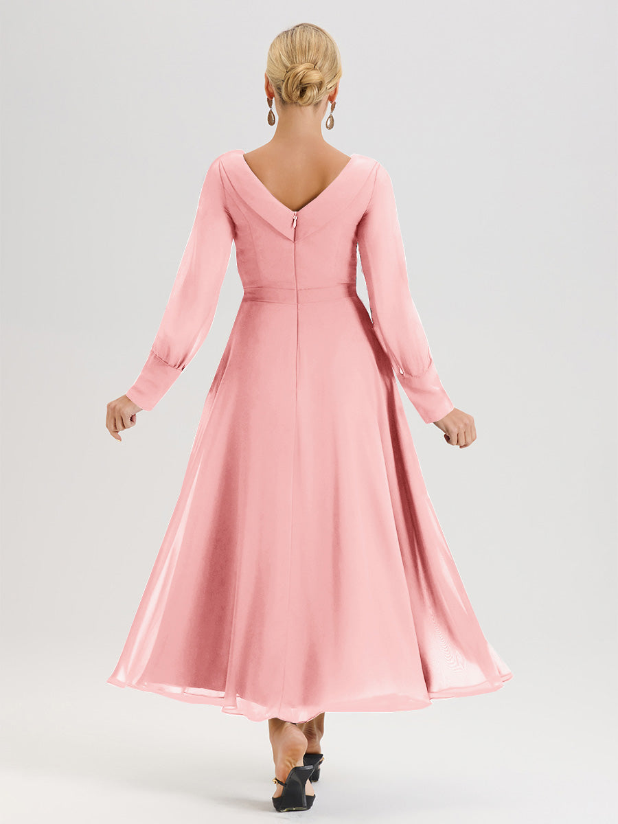 Cicinia Robe Longue Mère De La Mariée Rose Décolleté En V Manches Longues Trapèze En Mousseline