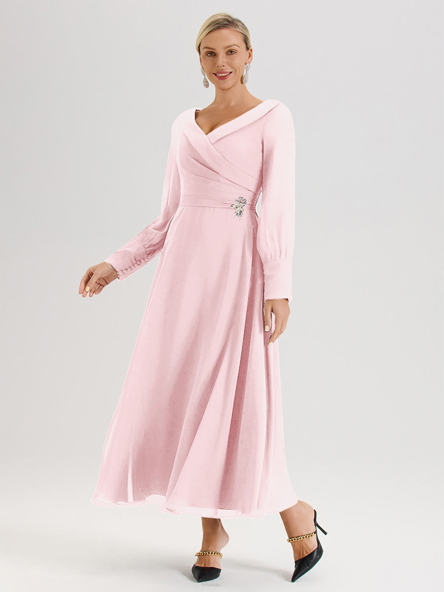 Cicinia Robe Longue Mère De La Mariée Rose Pale Décolleté En V Manches Longues Trapèze En Mousseline