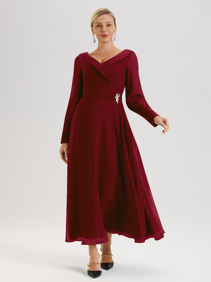 Cicinia Robe Longue Mère De La Mariée Bordeaux Décolleté En V Manches Longues Trapèze En Mousseline