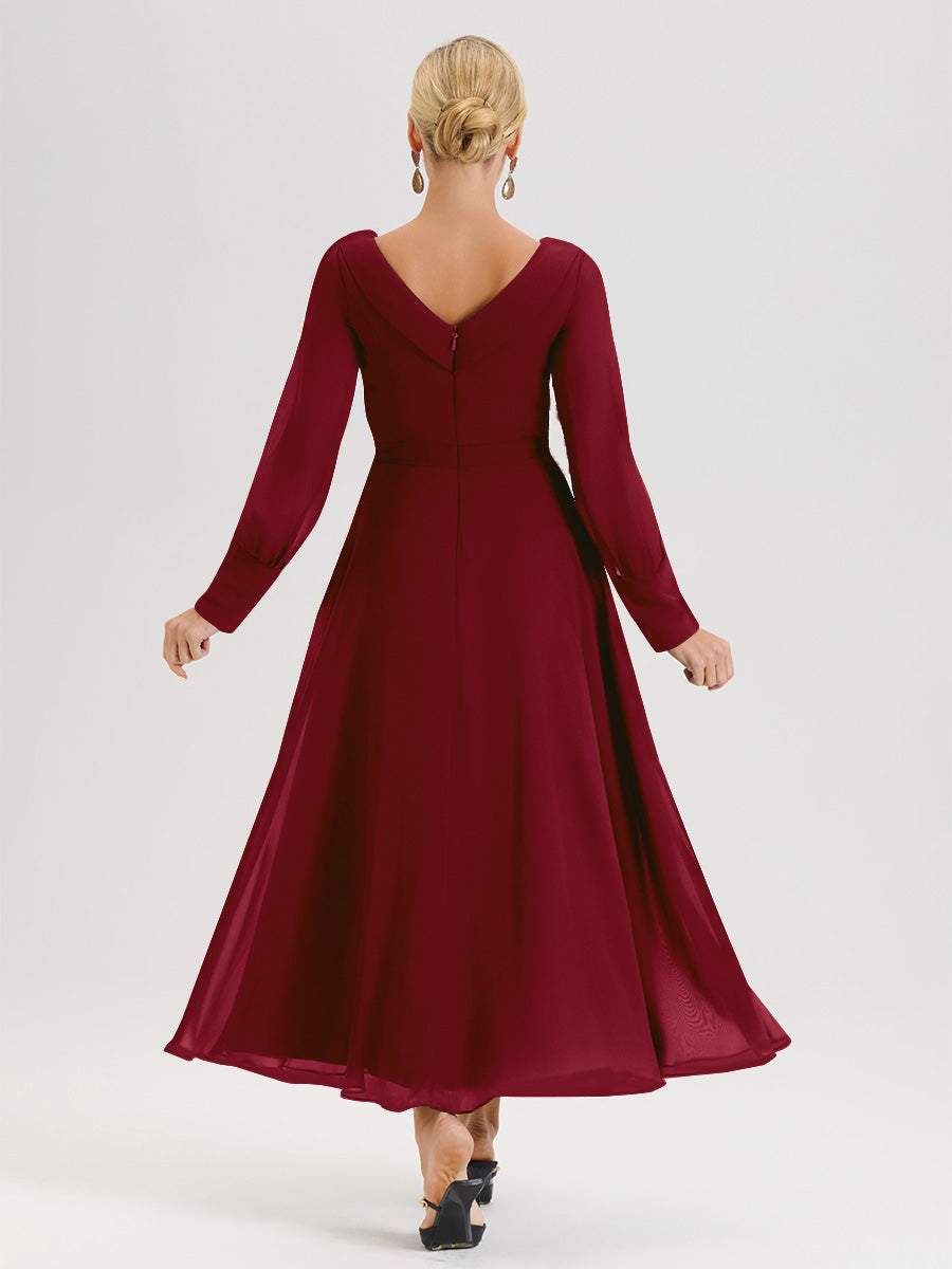 Cicinia Robe Longue Mère De La Mariée Bordeaux Décolleté En V Manches Longues Trapèze En Mousseline