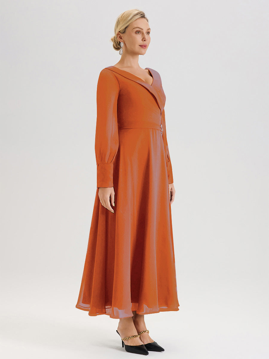 Cicinia Robe Longue Mère De La Mariée Orange Foncé Décolleté En V Manches Longues Trapèze En Mousseline
