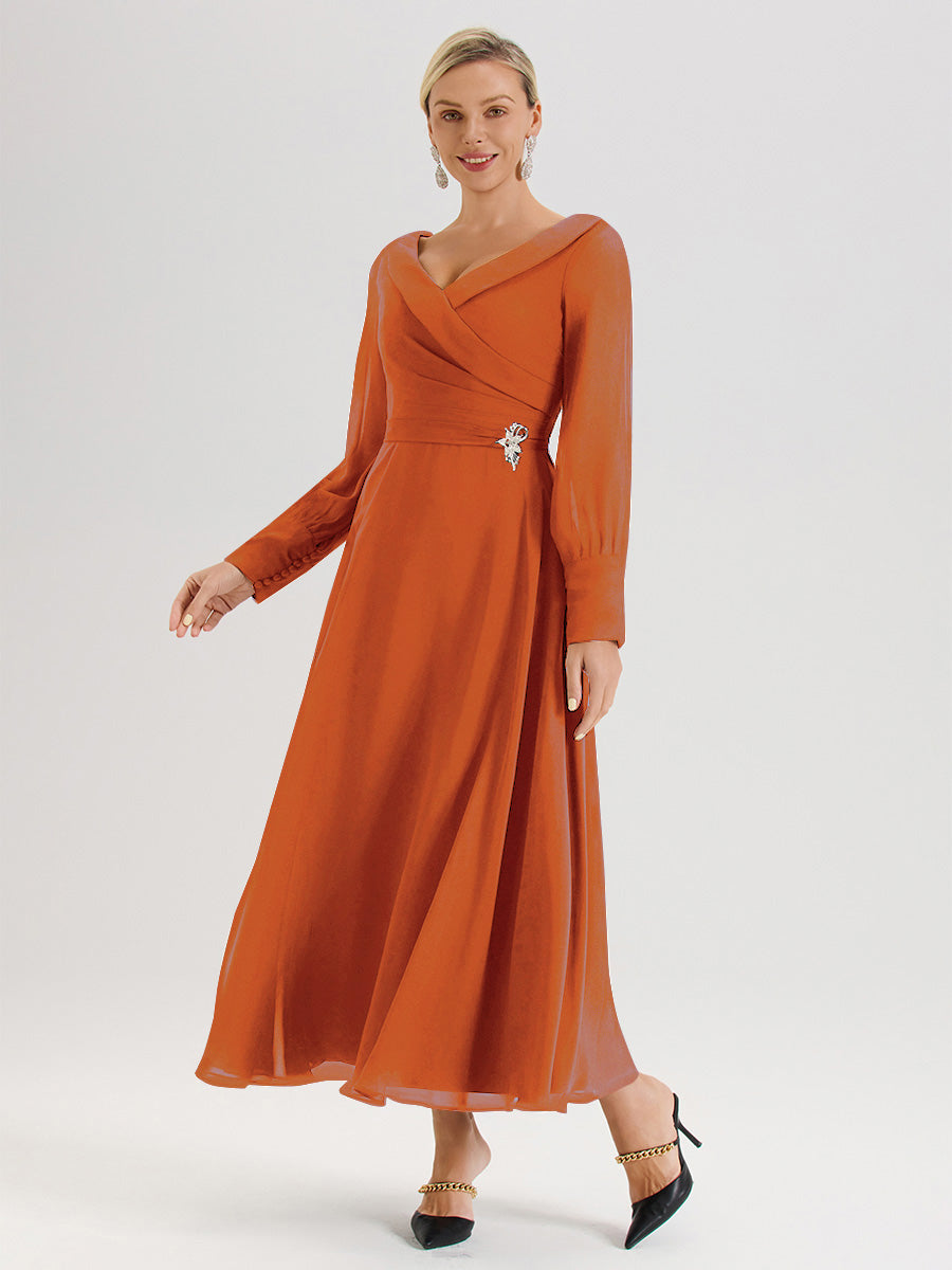 Cicinia Robe Longue Mère De La Mariée Orange Foncé Décolleté En V Manches Longues Trapèze En Mousseline