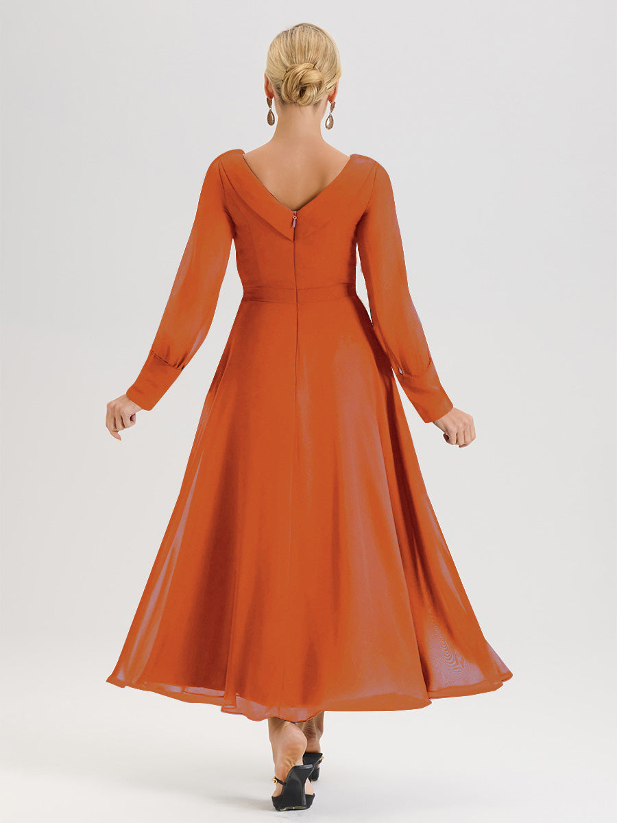 Cicinia Robe Longue Mère De La Mariée Orange Foncé Décolleté En V Manches Longues Trapèze En Mousseline