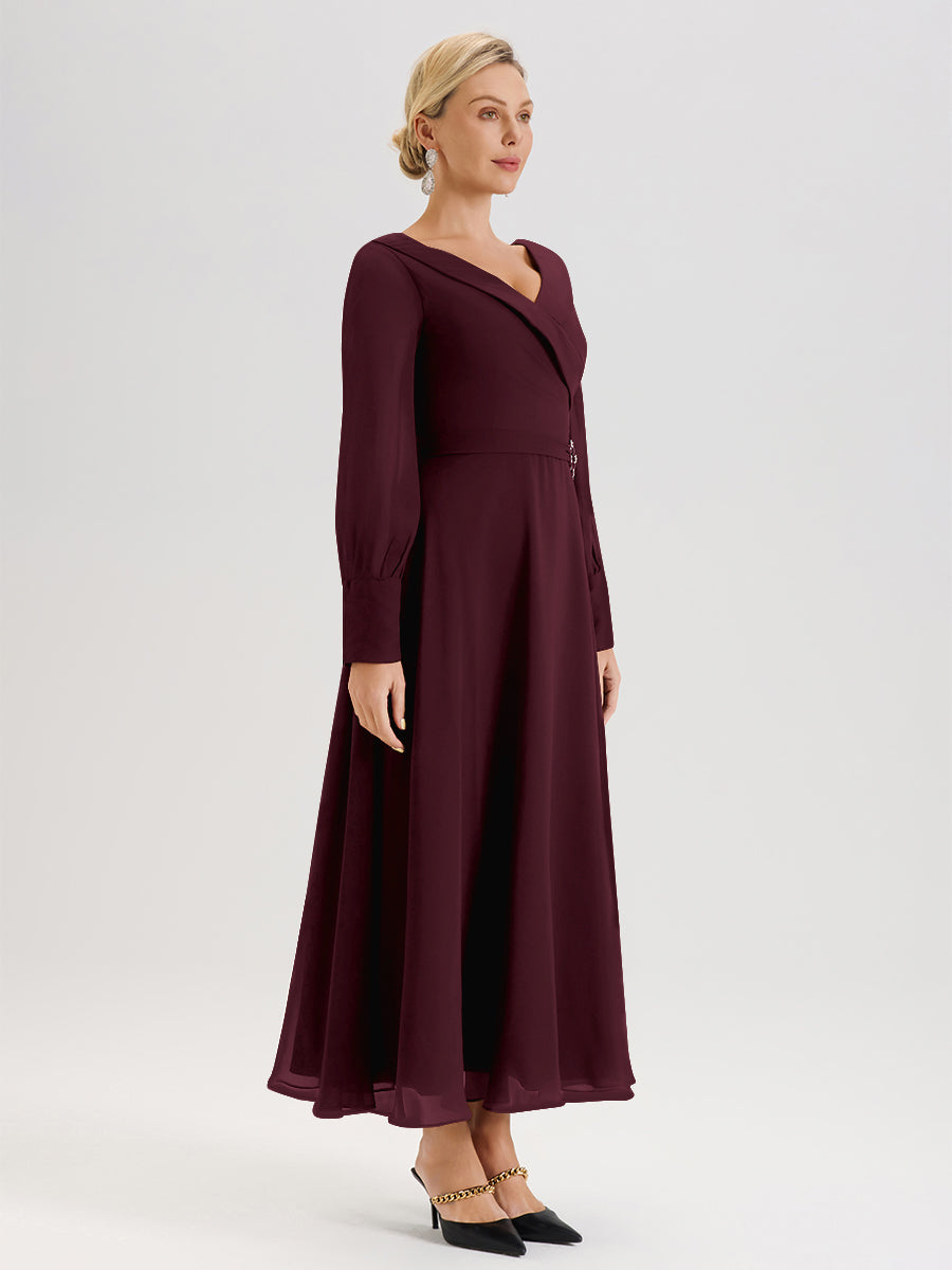 Cicinia Robe Longue Mère De La Mariée Cabernet Décolleté En V Manches Longues Trapèze En Mousseline