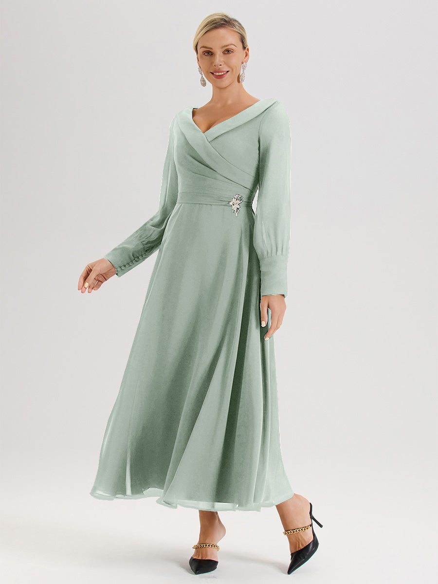 Cicinia Robe Longue Mère De La Mariée Celadon Décolleté En V Manches Longues Trapèze En Mousseline