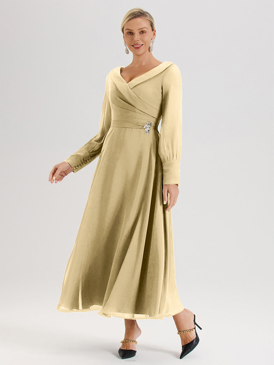 Cicinia Robe Longue Mère De La Mariée Champagne Décolleté En V Manches Longues Trapèze En Mousseline