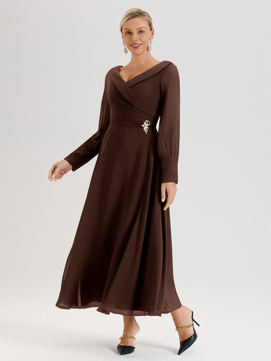 Cicinia Robe Longue Mère De La Mariée En Chocolat Décolleté En V Manches Longues Trapèze En Mousseline