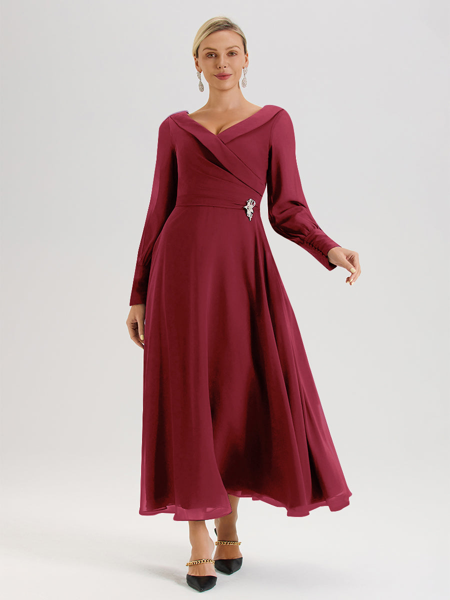 Cicinia Robe Longue Mère De La Mariée Rose Cannelle Décolleté En V Manches Longues Trapèze En Mousseline