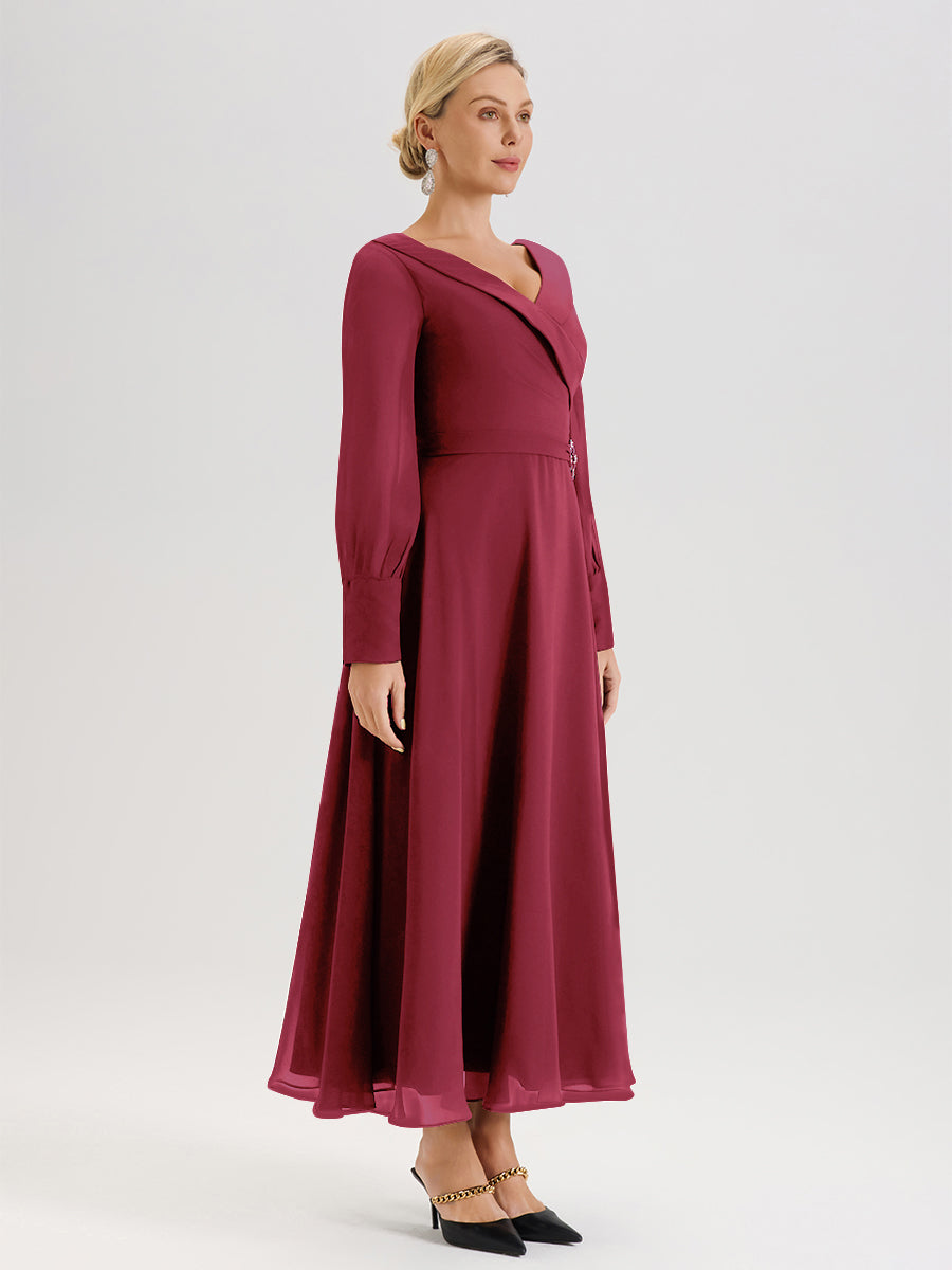 Cicinia Robe Longue Mère De La Mariée Rose Cannelle Décolleté En V Manches Longues Trapèze En Mousseline