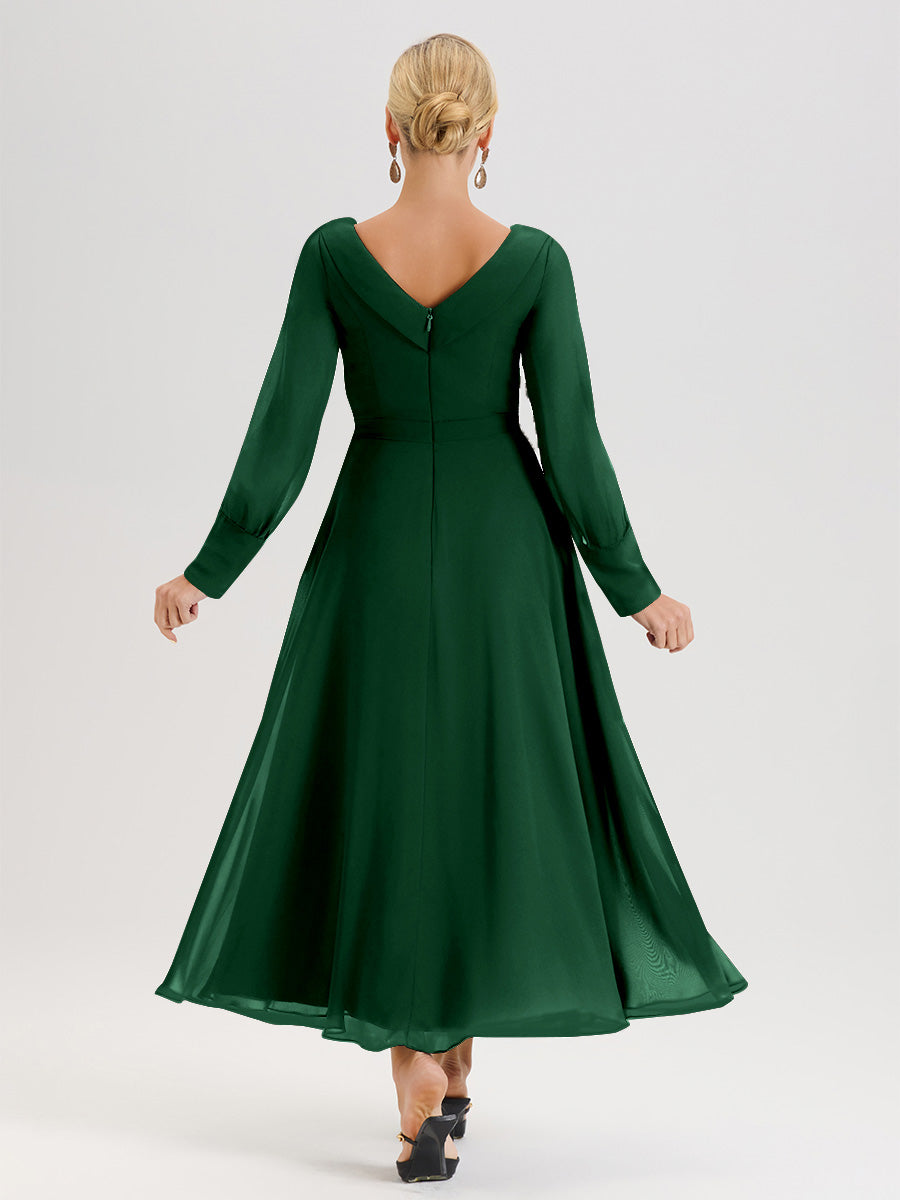 Cicinia Robe Longue Mère De La Mariée Vert Foncé Décolleté En V Manches Longues Trapèze En Mousseline