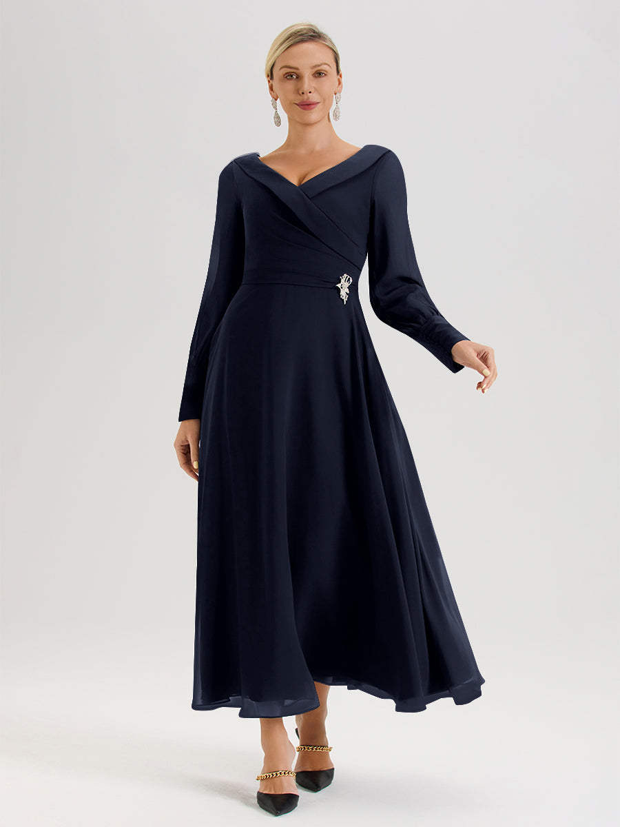 Cicinia Robe Longue Mère De La Mariée Bleu Marine Décolleté En V Manches Longues Trapèze En Mousseline