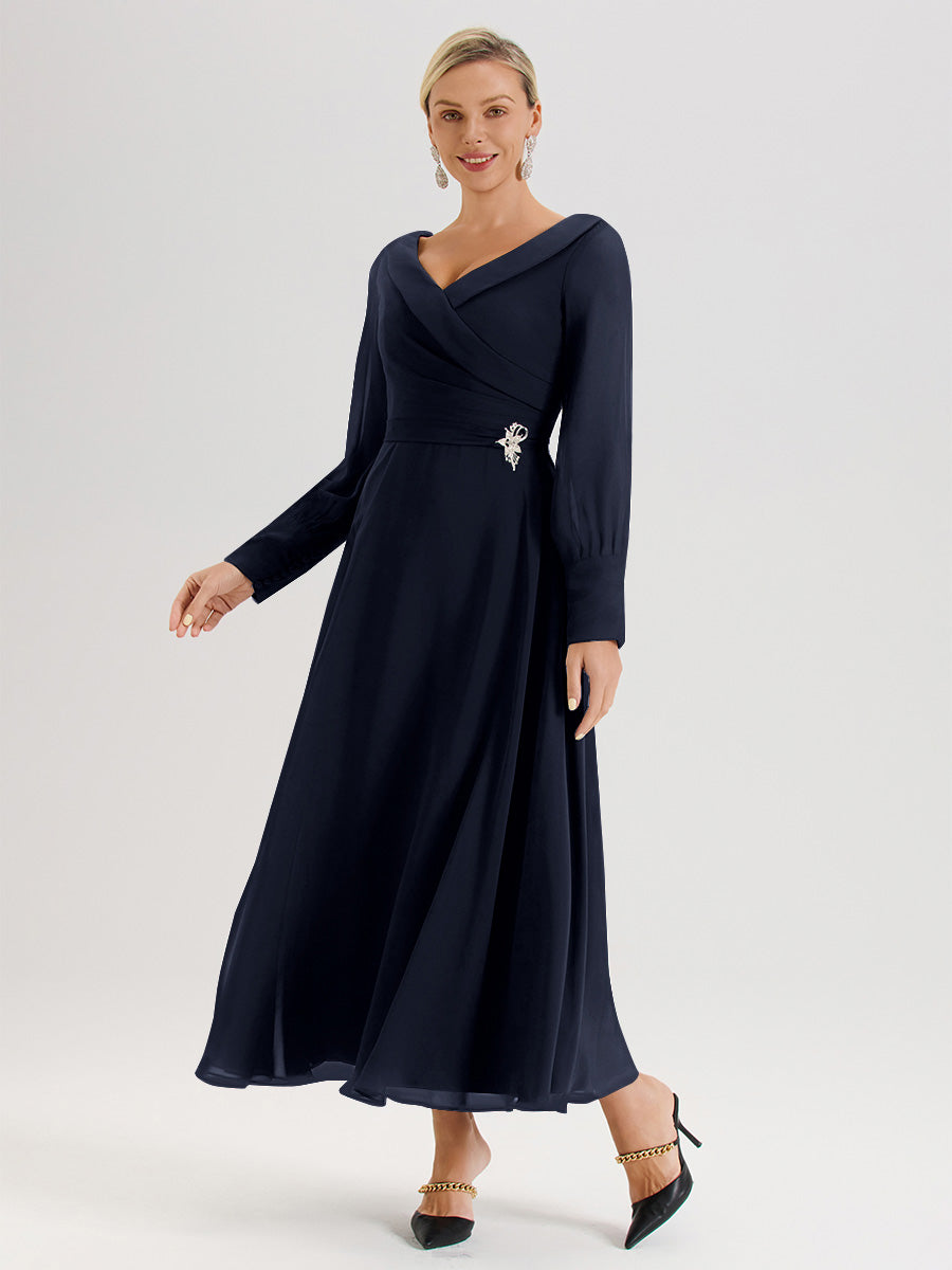 Cicinia Robe Longue Mère De La Mariée Bleu Marine Décolleté En V Manches Longues Trapèze En Mousseline