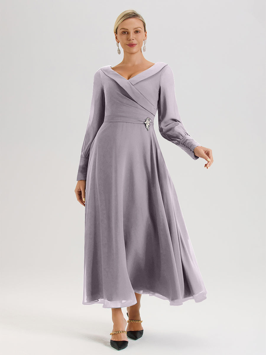 Cicinia Robe Longue Mère De La Mariée Crépuscule Décolleté En V Manches Longues Trapèze En Mousseline