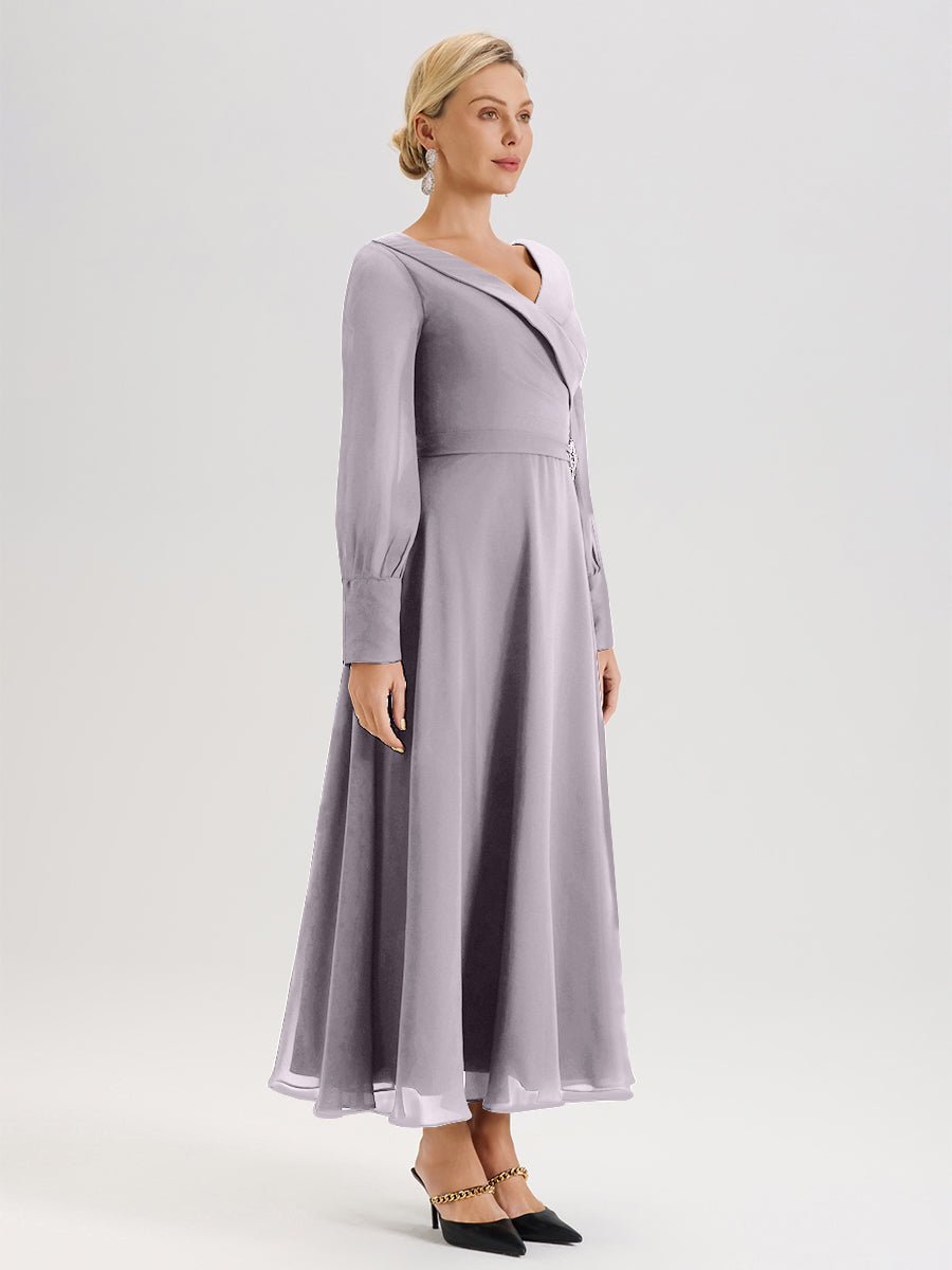 Cicinia Robe Longue Mère De La Mariée Crépuscule Décolleté En V Manches Longues Trapèze En Mousseline