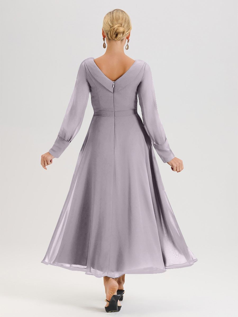 Cicinia Robe Longue Mère De La Mariée Crépuscule Décolleté En V Manches Longues Trapèze En Mousseline