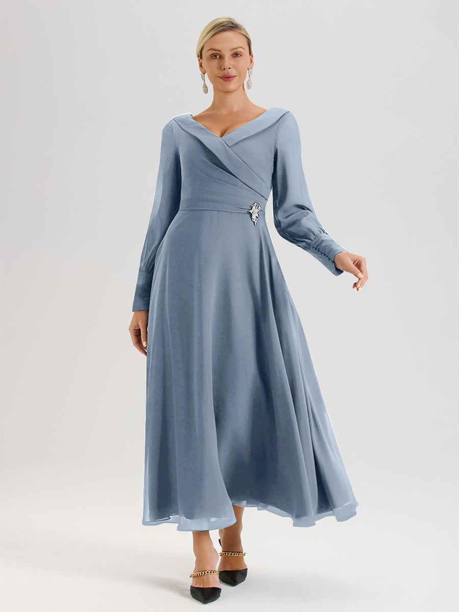 Cicinia Robe Longue Mère De La Mariée Bleu Poussiereux Décolleté En V Manches Longues Trapèze En Mousseline