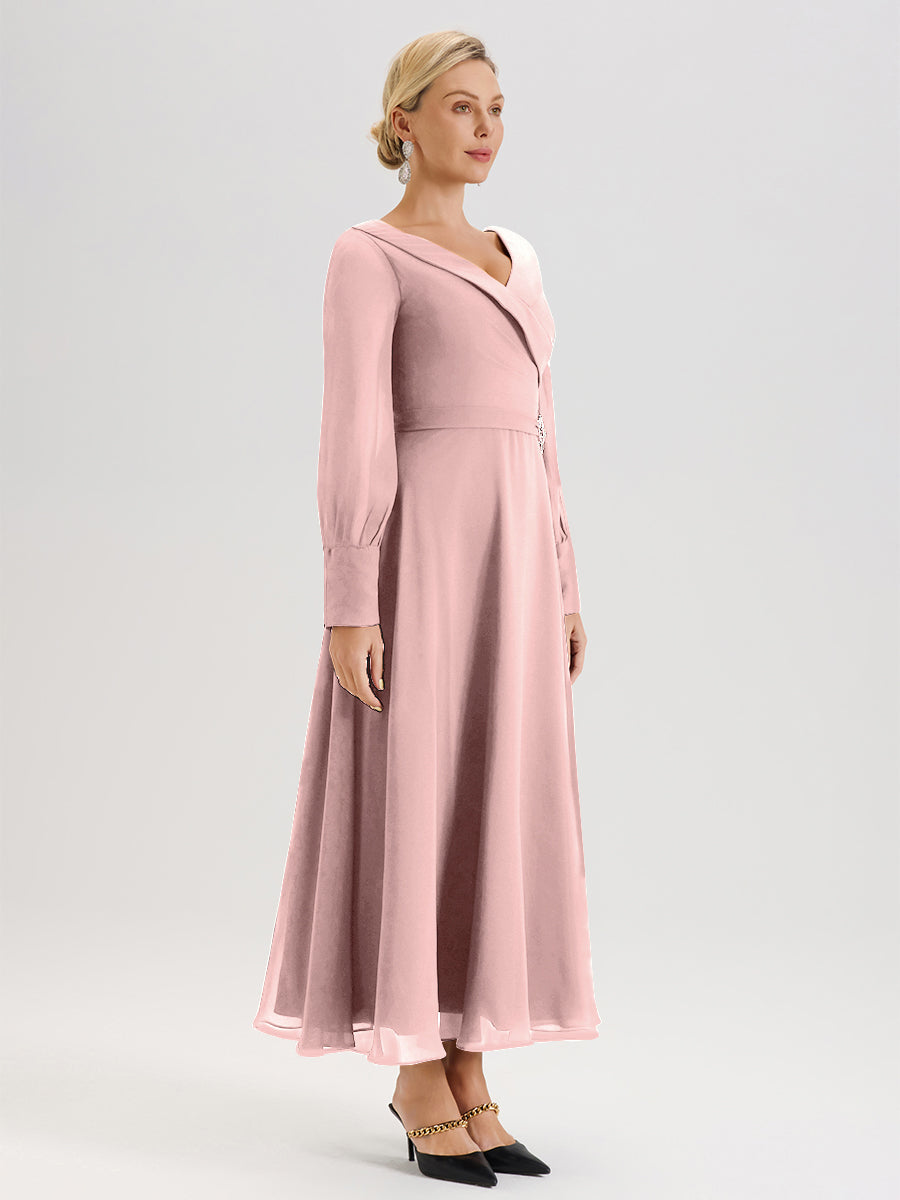 Cicinia Robe Longue Mère De La Mariée Rose Poudrée Décolleté En V Manches Longues Trapèze En Mousseline