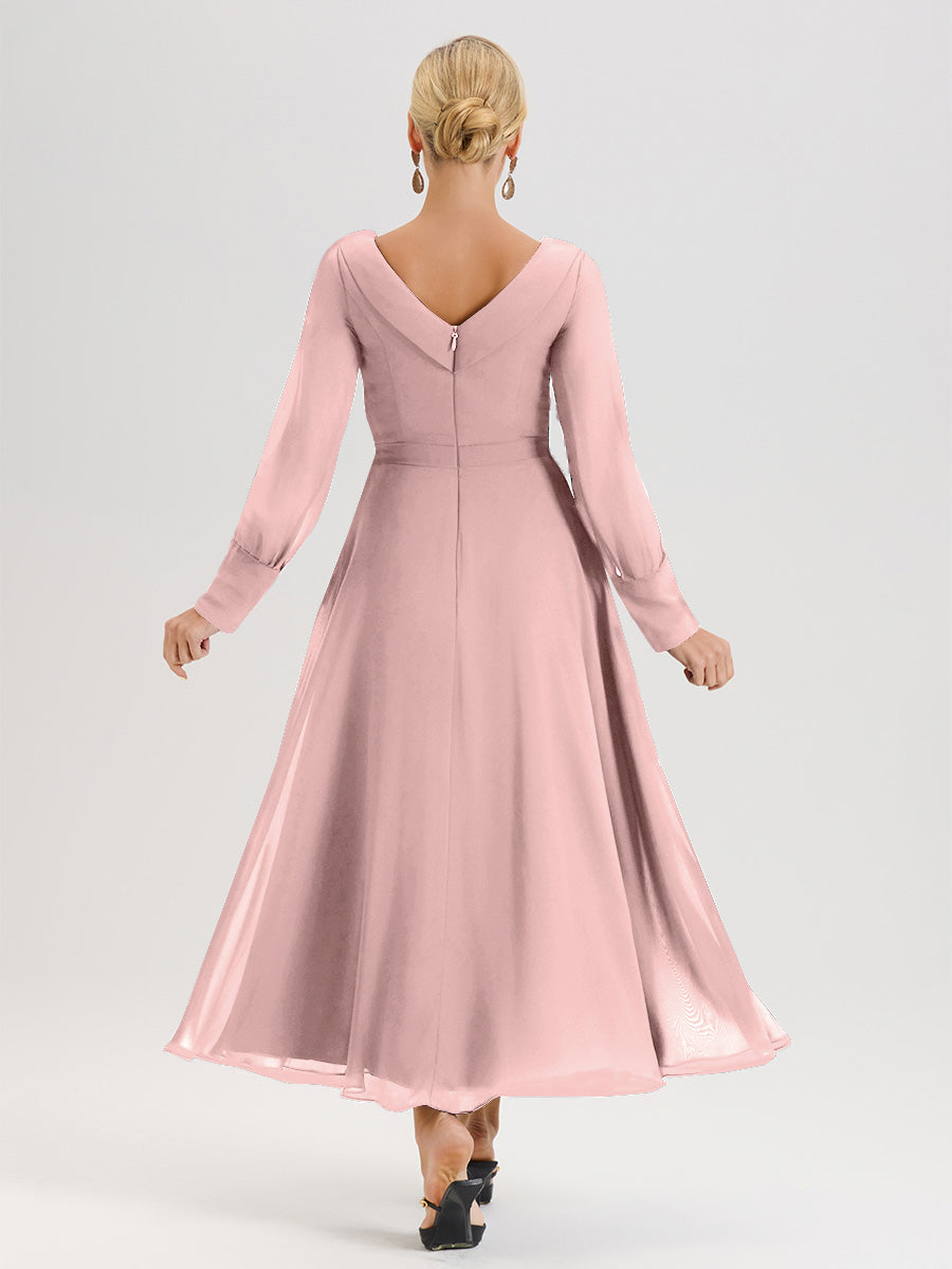 Cicinia Robe Longue Mère De La Mariée Rose Poudrée Décolleté En V Manches Longues Trapèze En Mousseline