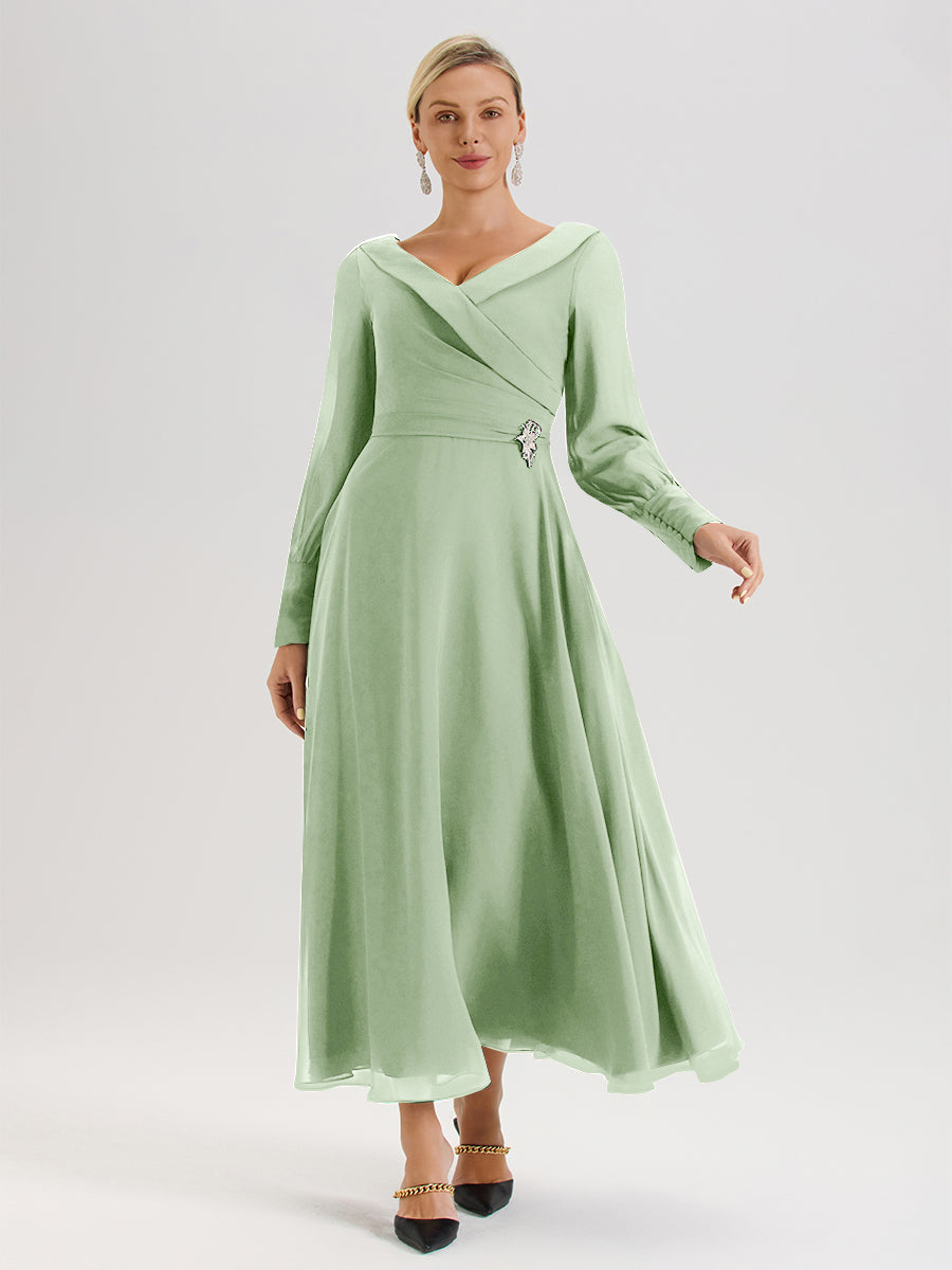 Cicinia Robe Longue Mère De La Mariée Sauge Poudrée Décolleté En V Manches Longues Trapèze En Mousseline