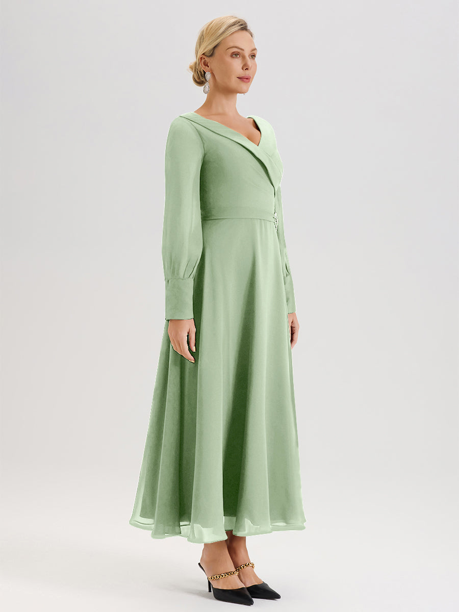 Cicinia Robe Longue Mère De La Mariée Sauge Poudrée Décolleté En V Manches Longues Trapèze En Mousseline
