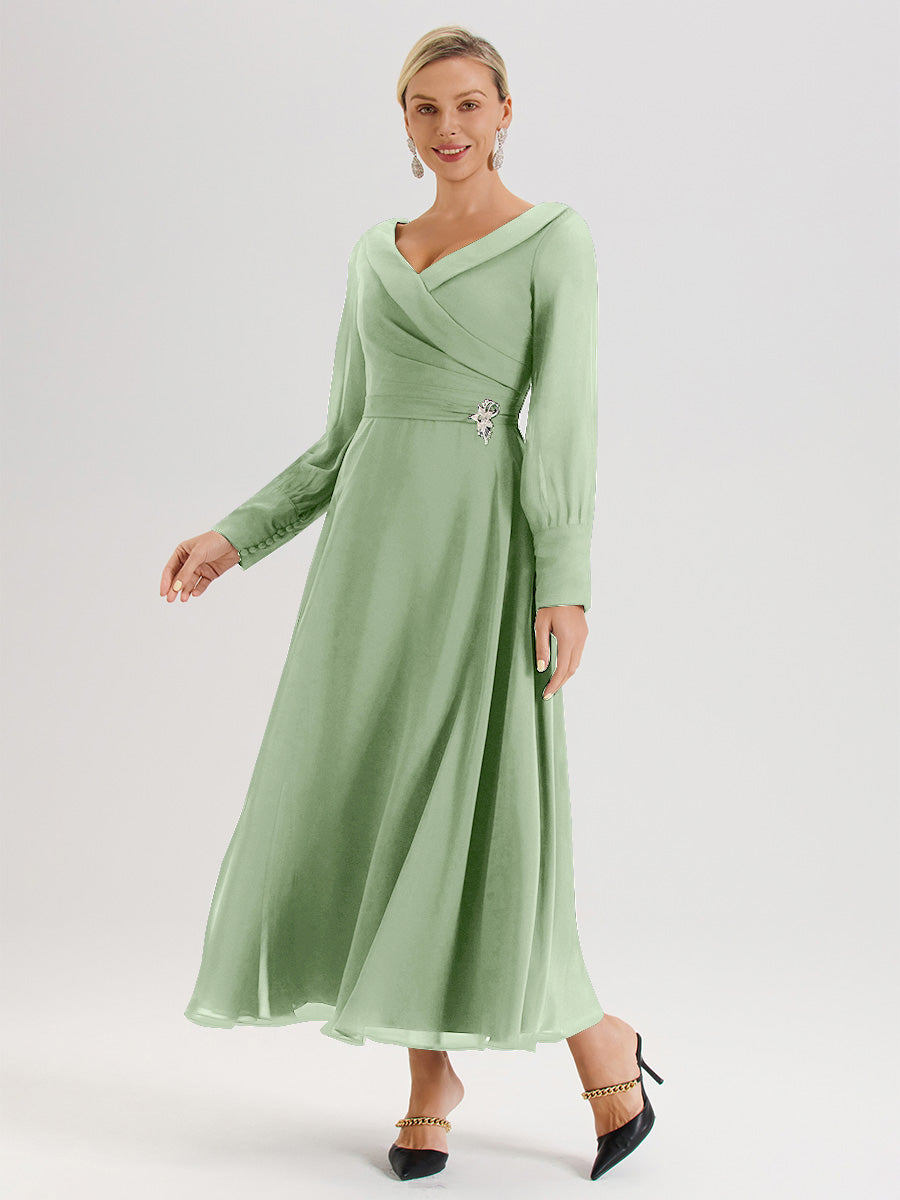 Cicinia Robe Longue Mère De La Mariée Sauge Poudrée Décolleté En V Manches Longues Trapèze En Mousseline