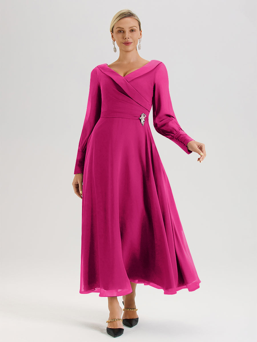 Cicinia Robe Longue Mère De La Mariée Rose Fuchsia Décolleté En V Manches Longues Trapèze En Mousseline
