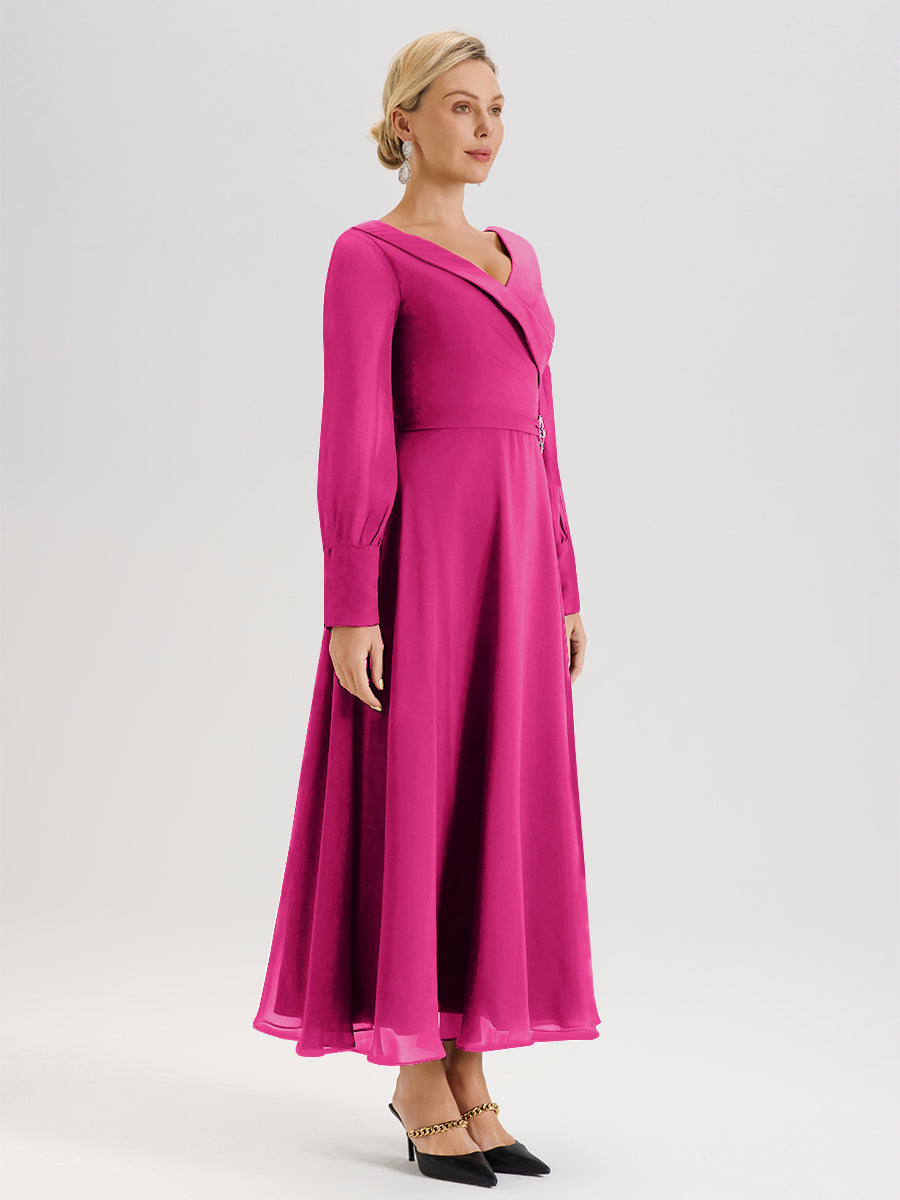 Cicinia Robe Longue Mère De La Mariée Rose Fuchsia Décolleté En V Manches Longues Trapèze En Mousseline