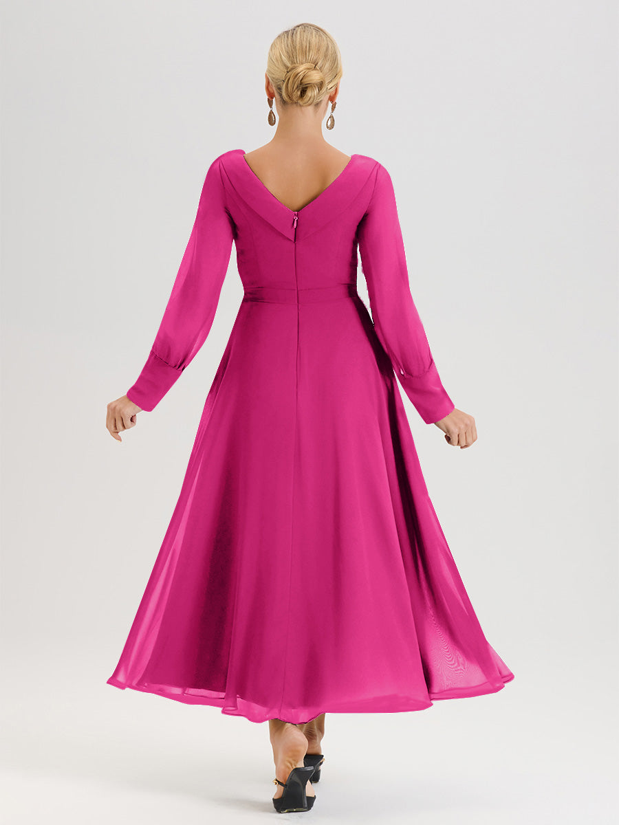 Cicinia Robe Longue Mère De La Mariée Rose Fuchsia Décolleté En V Manches Longues Trapèze En Mousseline