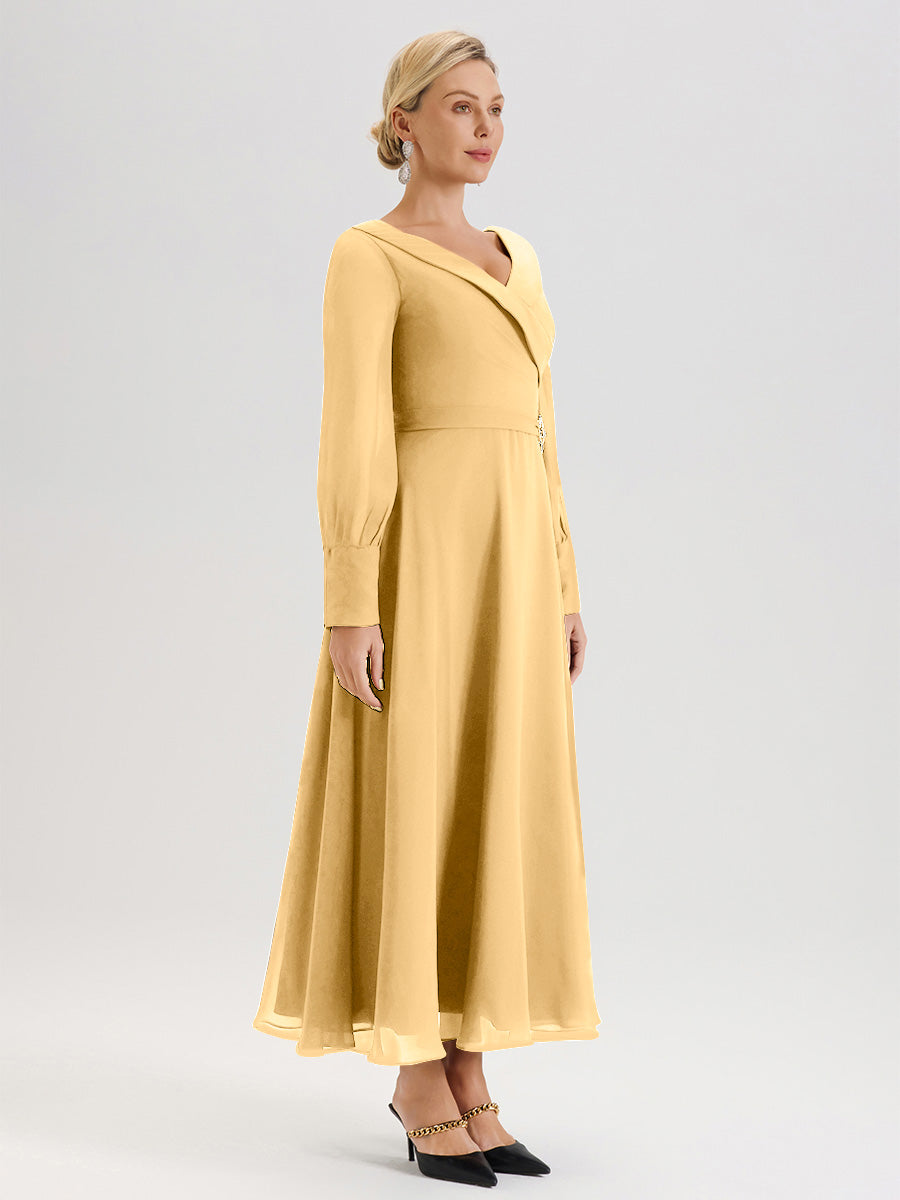 Cicinia Robe Longue Mère De La Mariée En Or Décolleté En V Manches Longues Trapèze En Mousseline