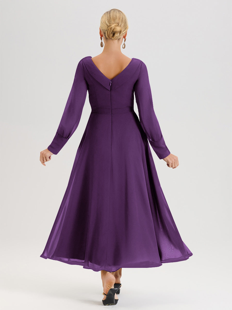 Cicinia Robe Longue Mère De La Mariée En Raisin Décolleté En V Manches Longues Trapèze En Mousseline