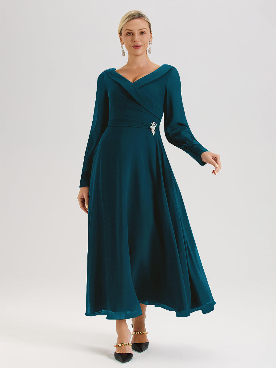 Cicinia Robe Longue Mère De La Mariée Bleu Encre Décolleté En V Manches Longues Trapèze En Mousseline