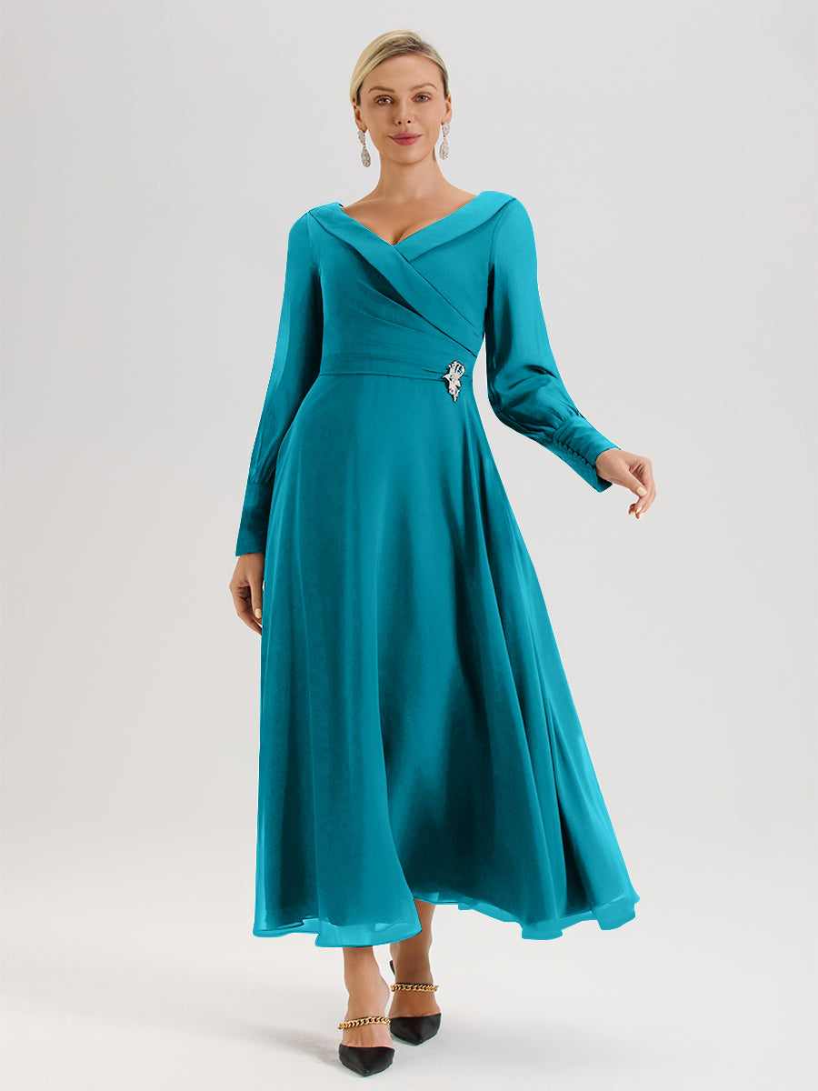 Cicinia Robe Longue Mère De La Mariée Jade Décolleté En V Manches Longues Trapèze En Mousseline