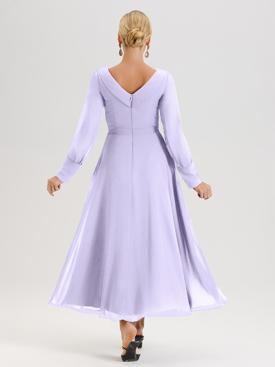 Cicinia Robe Longue Mère De La Mariée Lilas Décolleté En V Manches Longues Trapèze En Mousseline