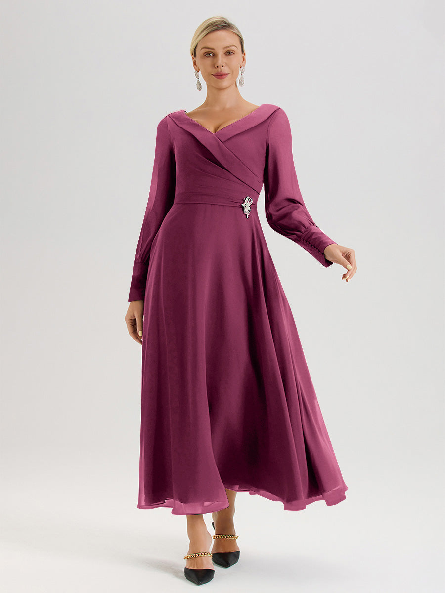 Cicinia Robe Longue Mère De La Mariée Mûre Décolleté En V Manches Longues Trapèze En Mousseline