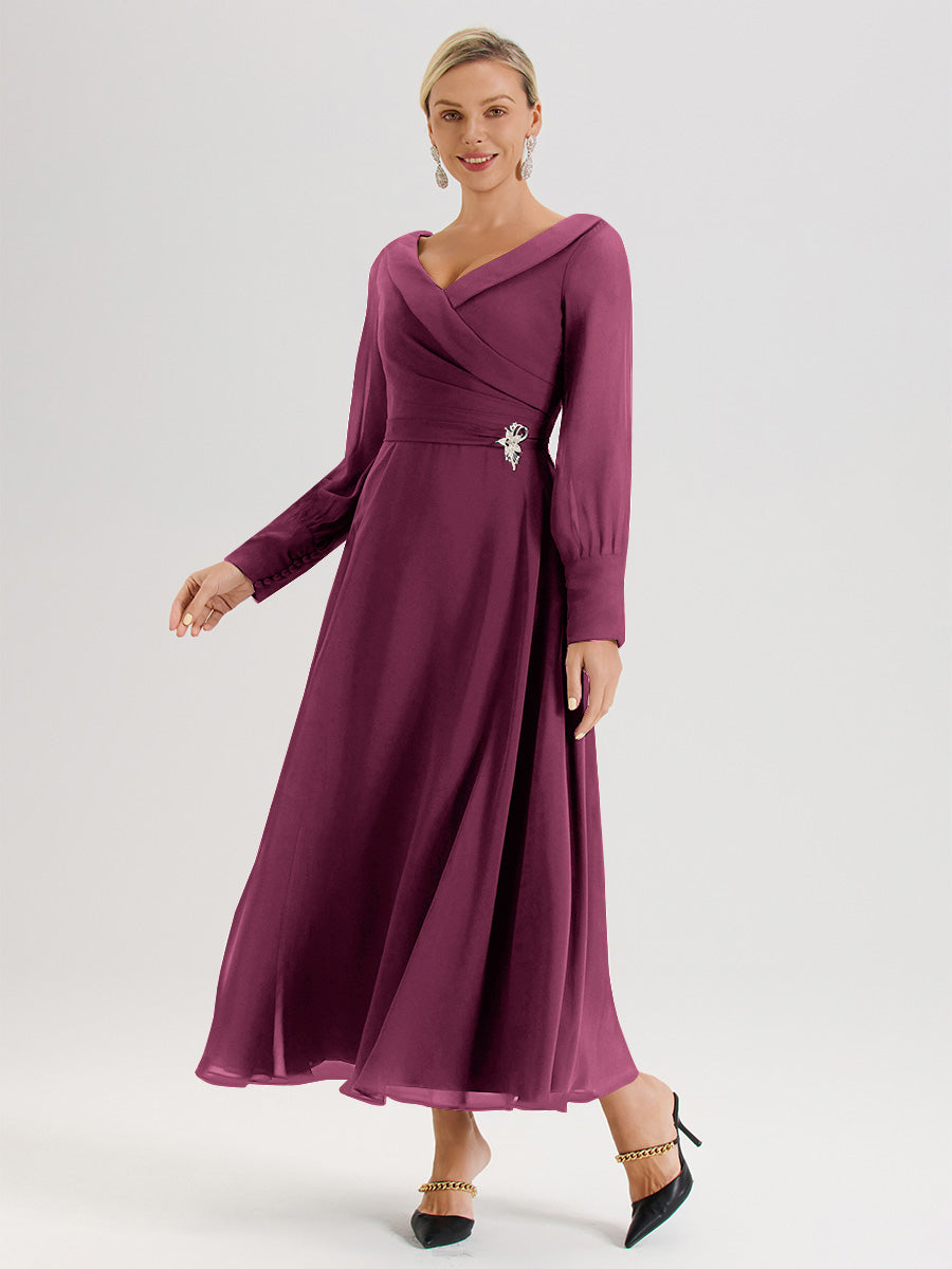 Cicinia Robe Longue Mère De La Mariée Mûre Décolleté En V Manches Longues Trapèze En Mousseline