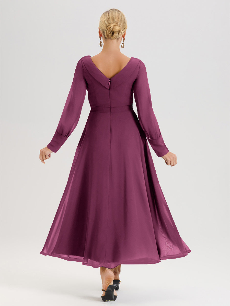 Cicinia Robe Longue Mère De La Mariée Mûre Décolleté En V Manches Longues Trapèze En Mousseline