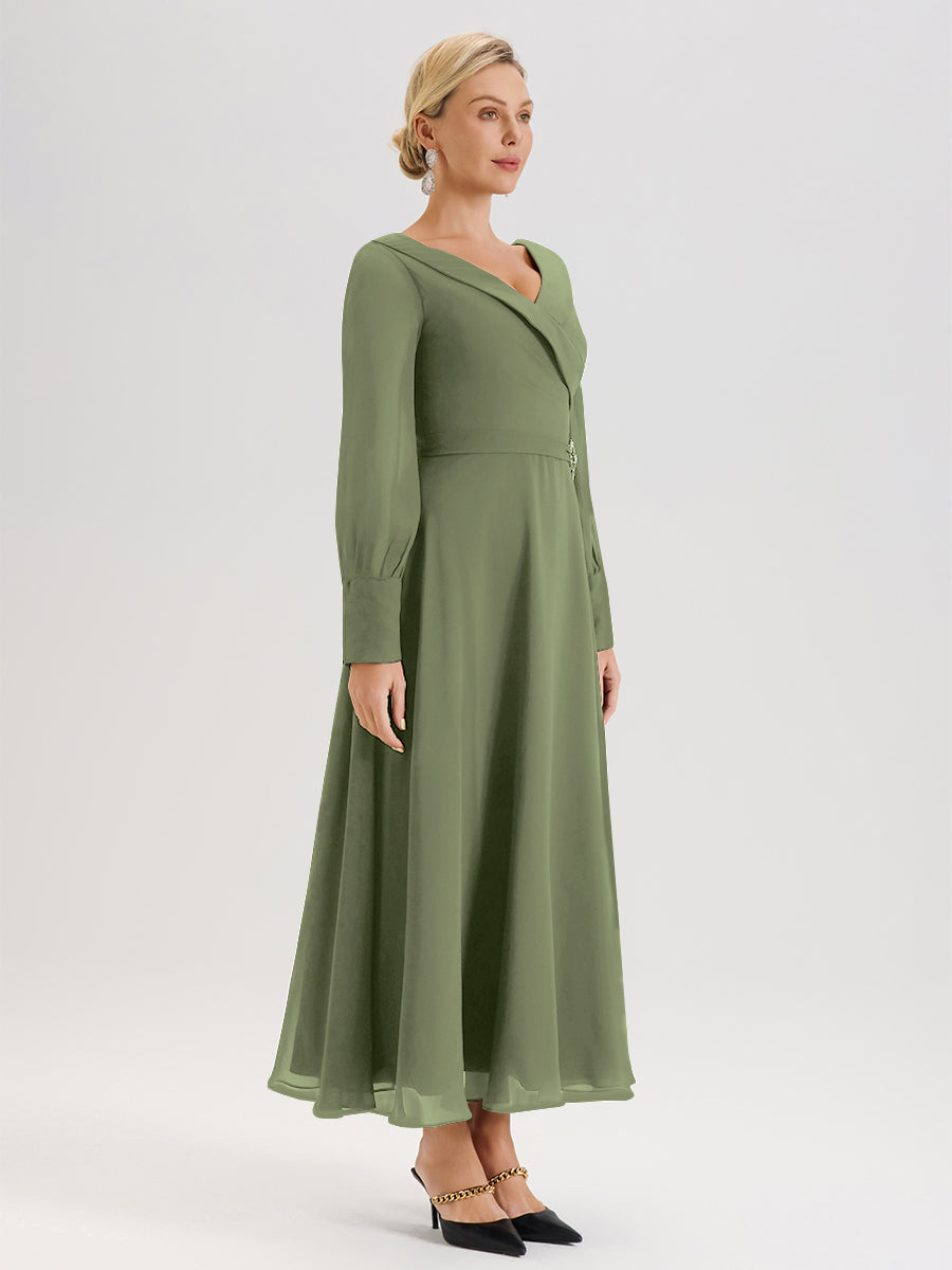 Cicinia Robe Longue Mère De La Mariée Vert Olive Décolleté En V Manches Longues Trapèze En Mousseline