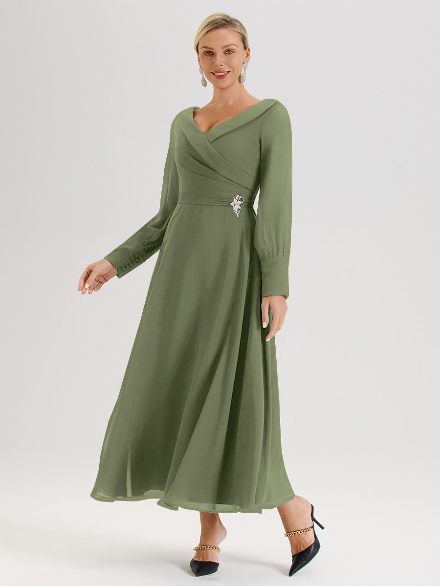 Cicinia Robe Longue Mère De La Mariée Vert Olive Décolleté En V Manches Longues Trapèze En Mousseline