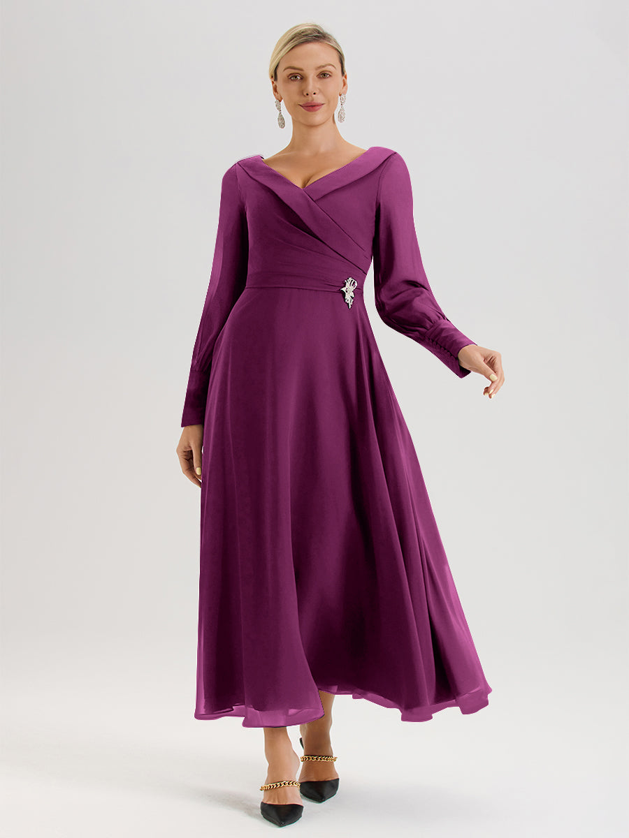 Cicinia Robe Longue Mère De La Mariée Orchidée Décolleté En V Manches Longues Trapèze En Mousseline
