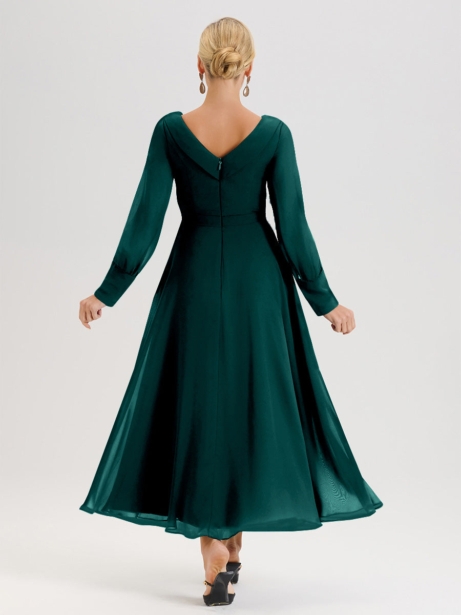 Cicinia Robe Longue Mère De La Mariée Couleur Paon Décolleté En V Manches Longues Trapèze En Mousseline