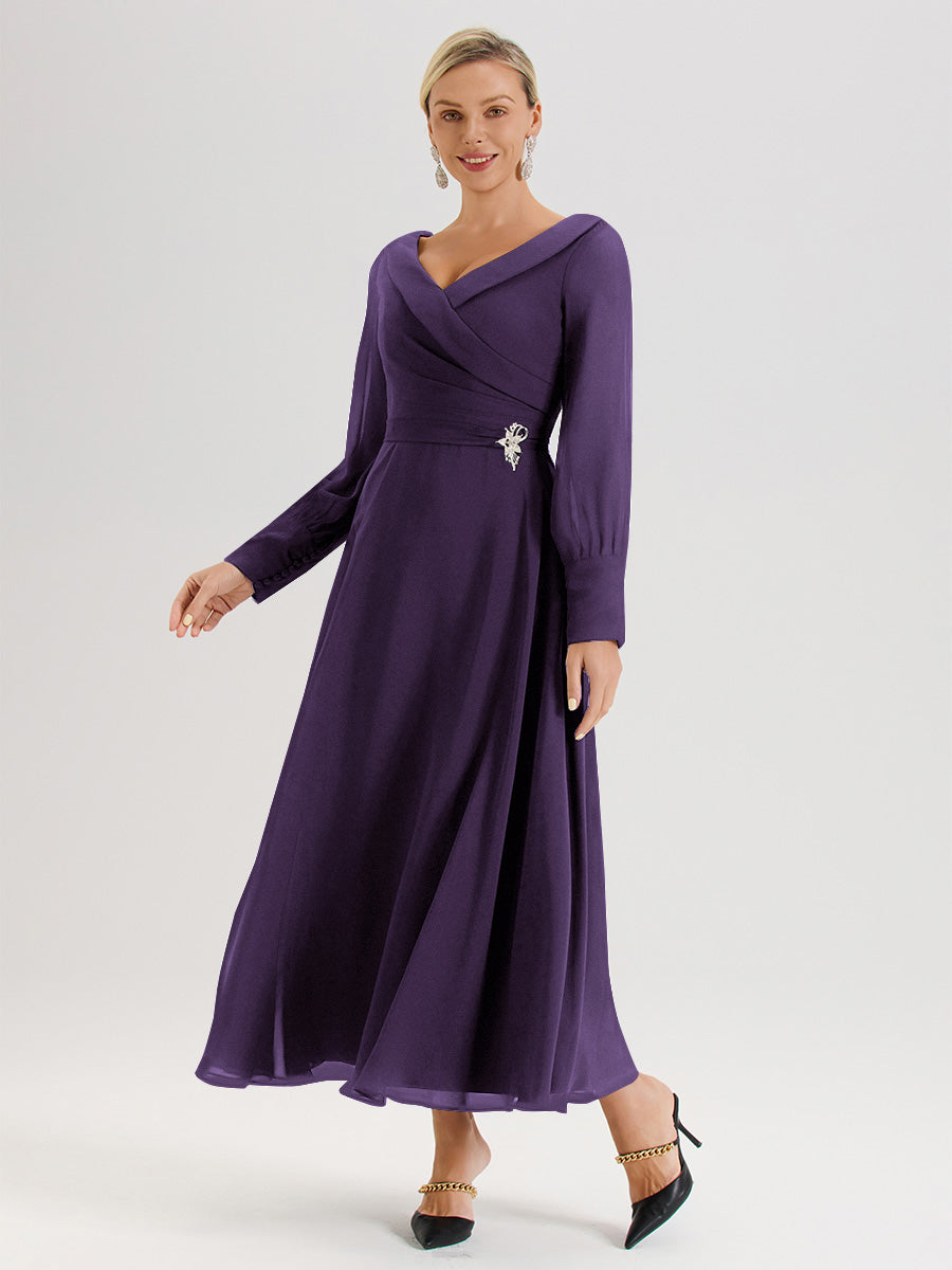 Cicinia Robe Longue Mère De La Mariée Plum Décolleté En V Manches Longues Trapèze En Mousseline