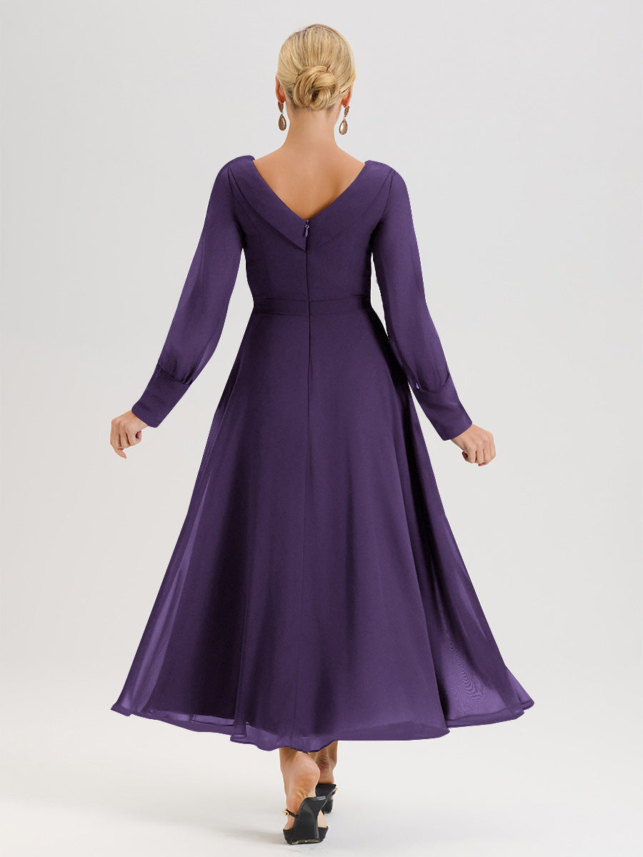 Cicinia Robe Longue Mère De La Mariée Plum Décolleté En V Manches Longues Trapèze En Mousseline
