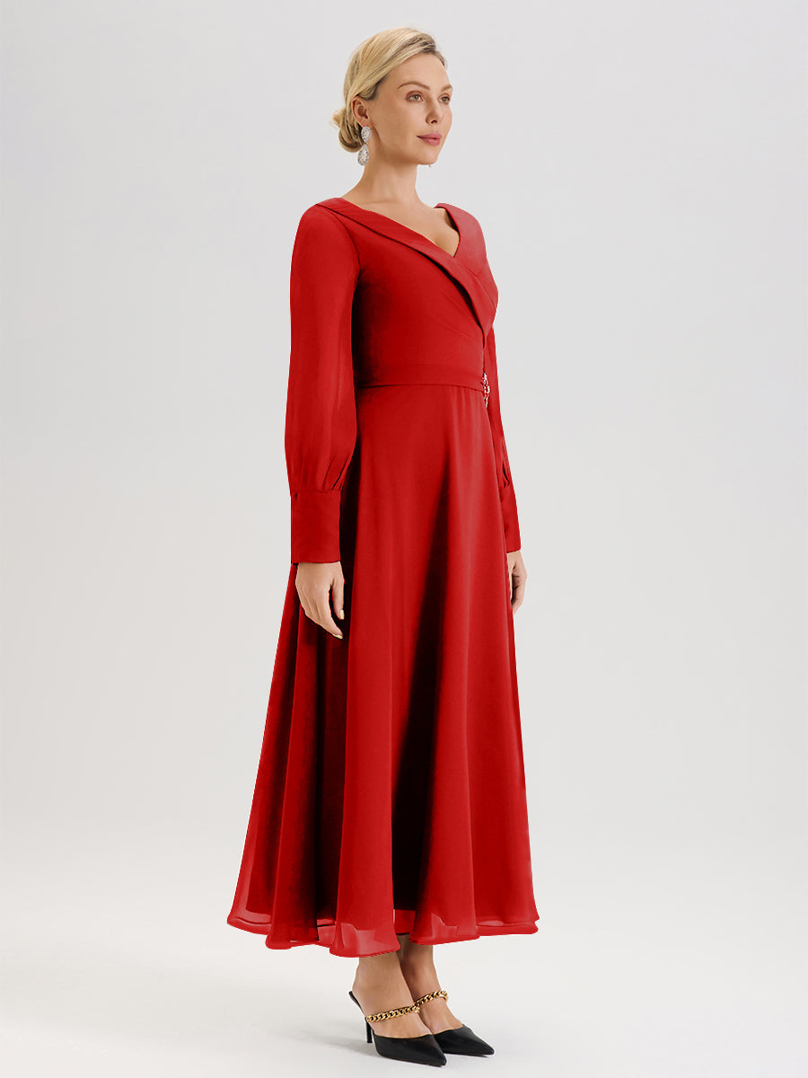 Cicinia Robe Longue Mère De La Mariée Rouge Décolleté En V Manches Longues Trapèze En Mousseline
